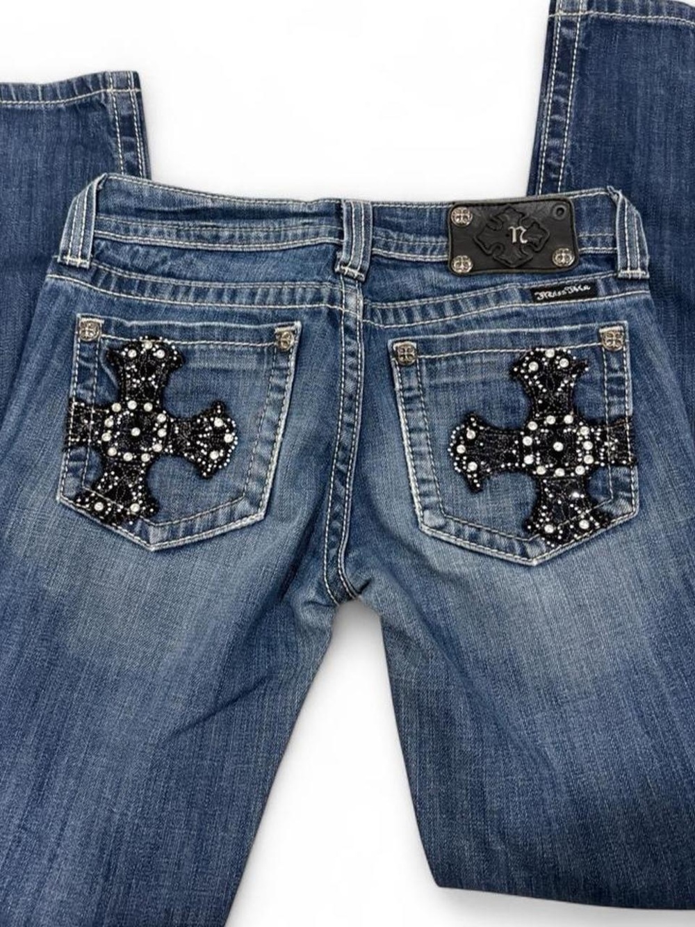 Miss Me Blue Boot Cut Jeans with Black Jeweled Cross Pockets